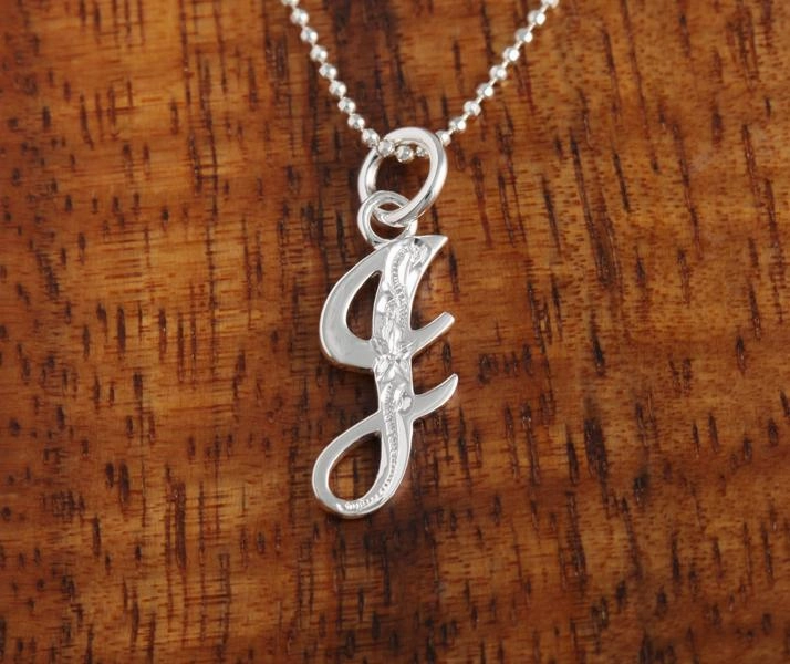 Sterling Silver Hawaiian Scroll Engraved Script Initial Pendant (Chain Sold Separately)