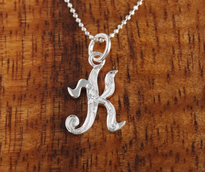 Sterling Silver Hawaiian Scroll Engraved Script Initial Pendant (Chain Sold Separately)