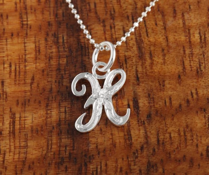 Sterling Silver Hawaiian Scroll Engraved Script Initial Pendant (Chain Sold Separately)