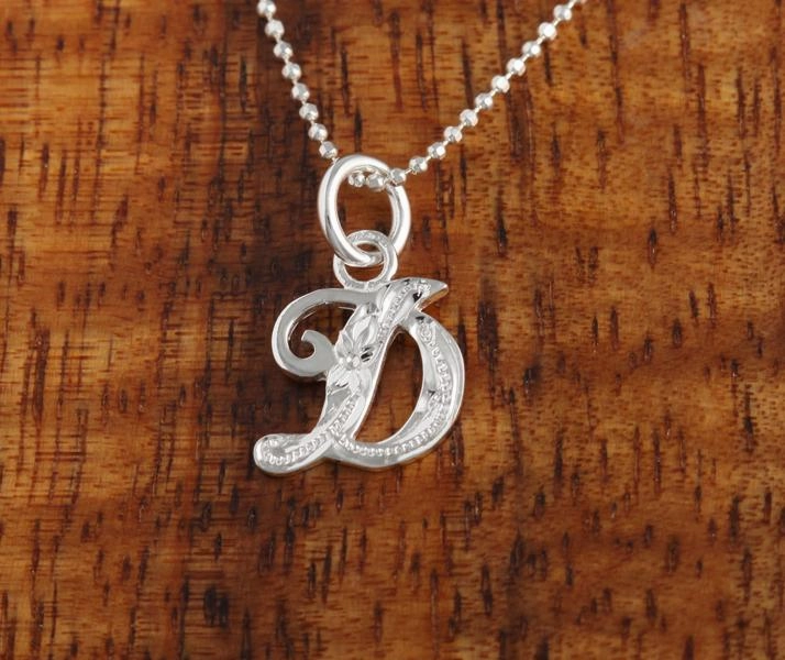 Sterling Silver Hawaiian Scroll Engraved Script Initial Pendant (Chain Sold Separately)