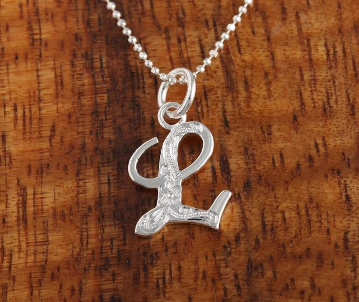 Sterling Silver Hawaiian Scroll Engraved Script Initial Pendant (Chain Sold Separately)