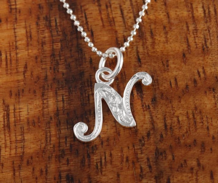 Sterling Silver Hawaiian Scroll Engraved Script Initial Pendant (Chain Sold Separately)