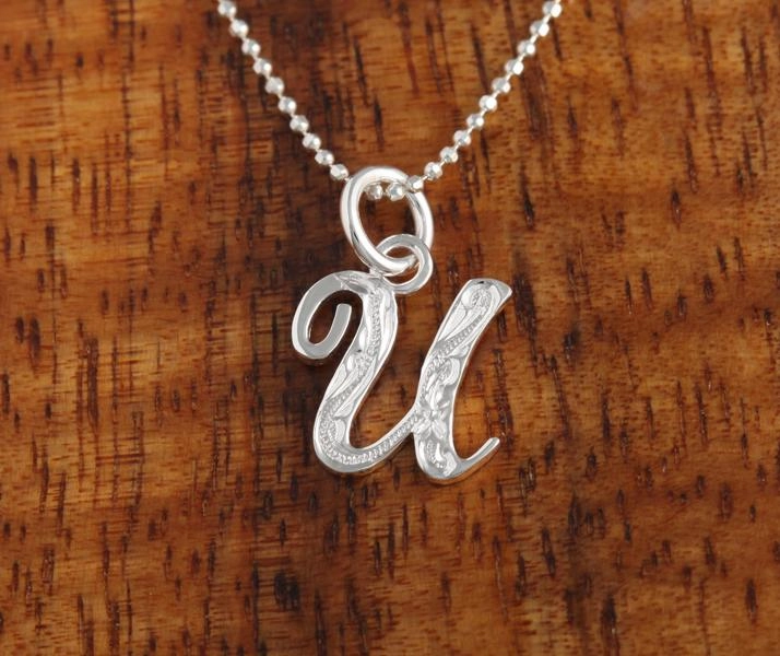 Sterling Silver Hawaiian Scroll Engraved Script Initial Pendant (Chain Sold Separately)