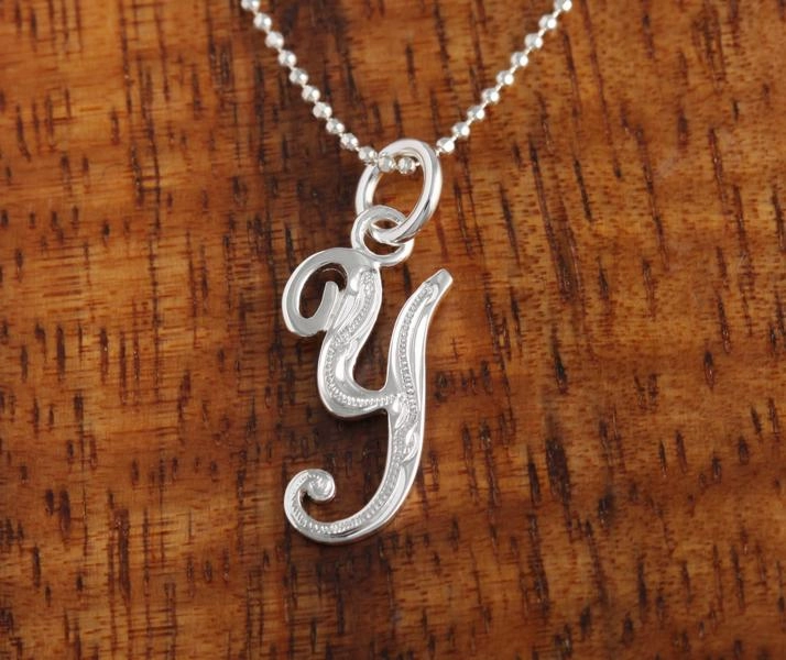 Sterling Silver Hawaiian Scroll Engraved Script Initial Pendant (Chain Sold Separately)
