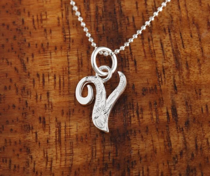 Sterling Silver Hawaiian Scroll Engraved Script Initial Pendant (Chain Sold Separately)