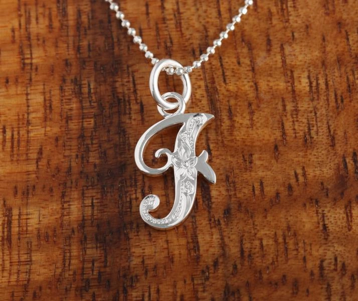 Sterling Silver Hawaiian Scroll Engraved Script Initial Pendant (Chain Sold Separately)