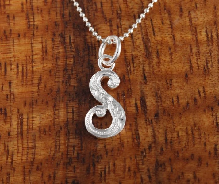 Sterling Silver Hawaiian Scroll Engraved Script Initial Pendant (Chain Sold Separately)