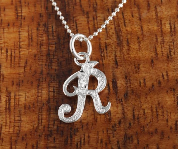 Sterling Silver Hawaiian Scroll Engraved Script Initial Pendant (Chain Sold Separately)
