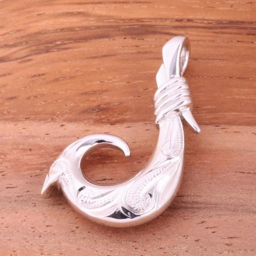 Sterling Silver Hawaiian Scroll Fish Hook Pendant (Chain Sold Separately)