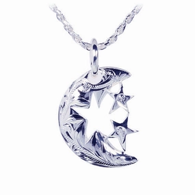 Sterling Silver Hawaiian Scroll Half Moon with 2 Star Pendant (Chain Sold Separately)