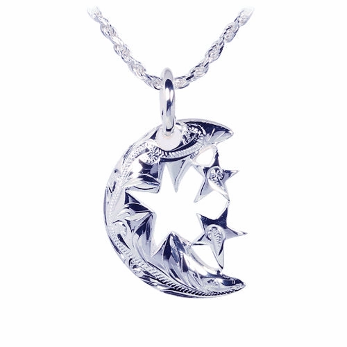 Sterling Silver Hawaiian Scroll Half Moon with 2 Star Pendant (Chain Sold Separately)