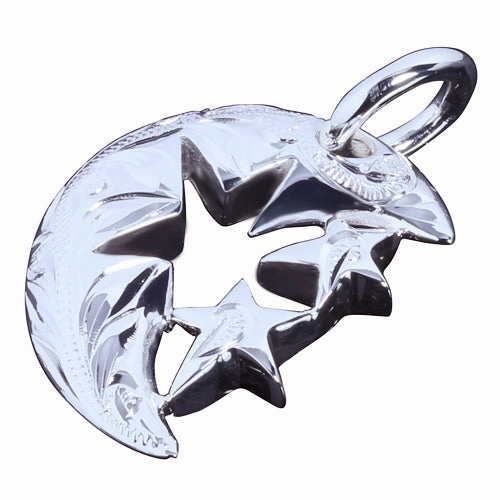 Sterling Silver Hawaiian Scroll Half Moon with 2 Star Pendant (Chain Sold Separately)
