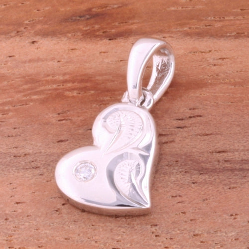 Sterling Silver Hawaiian Scroll Heart with CZ Pendant (Chain Sold Separately)