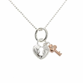 Sterling Silver Hawaiian Scroll Heart with Lock and Pink Gold Plated Key with CZ Pendant (Chain Sold Separately)