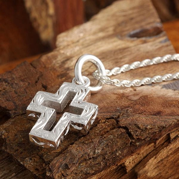 Sterling Silver Hawaiian Scroll Hollow Cross Pendant (Chain Sold Separately)