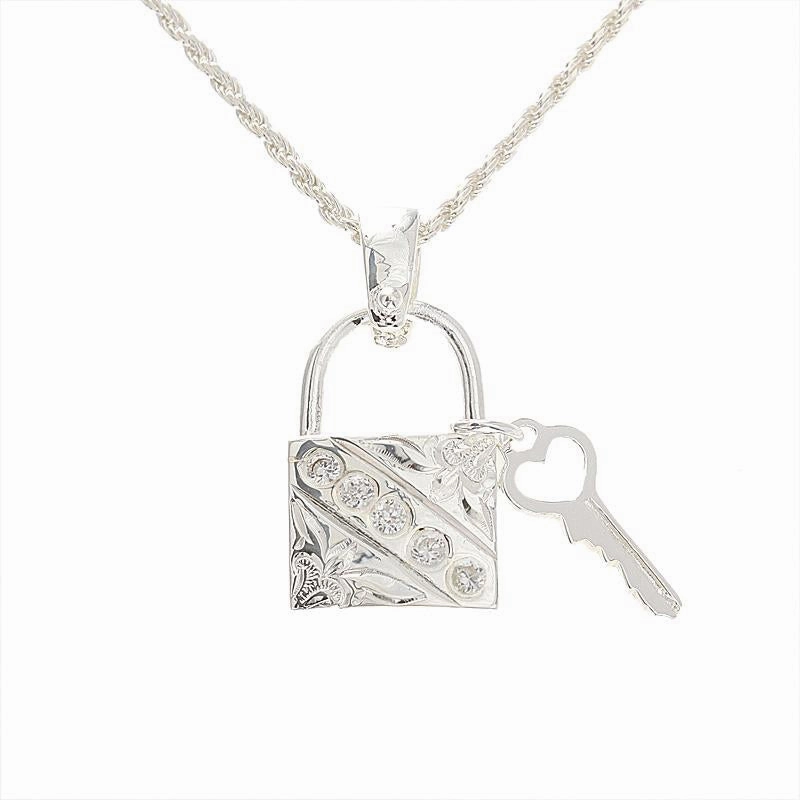 Sterling Silver Hawaiian Scroll Lock and Key with CZ Pendant (Chain Sold Separately)