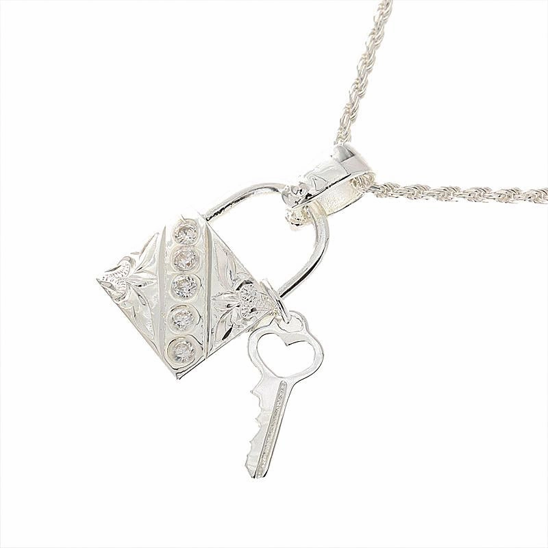 Sterling Silver Hawaiian Scroll Lock and Key with CZ Pendant (Chain Sold Separately)