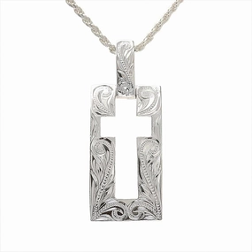 Sterling Silver Hawaiian Scroll Outline of Cross Plate Pendant (Chain Sold Separately)