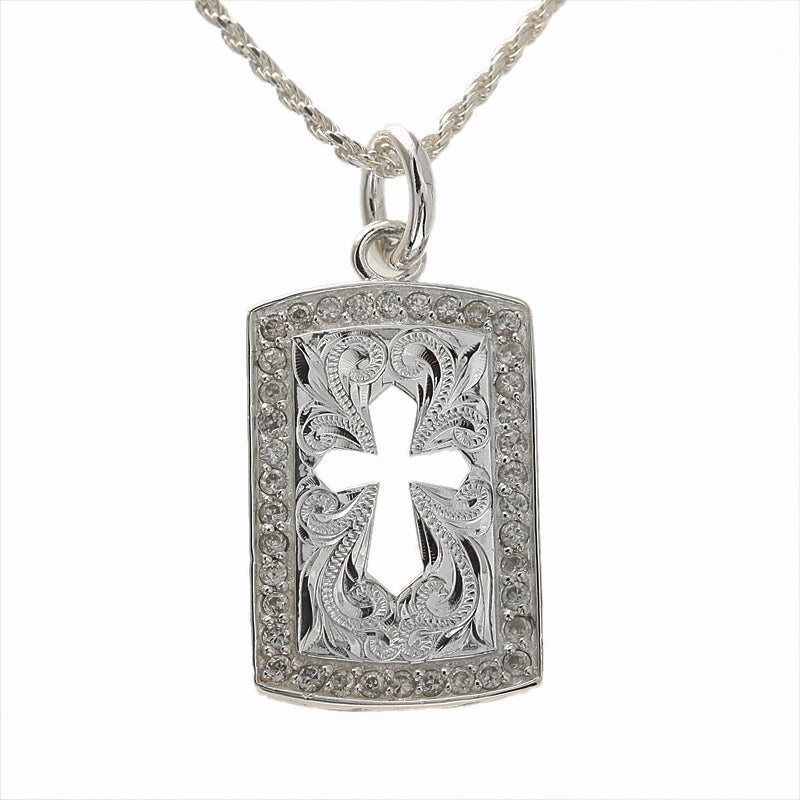 Sterling Silver Hawaiian Scroll Outline of Cross with CZ Plate Pendant (Chain Sold Separately)
