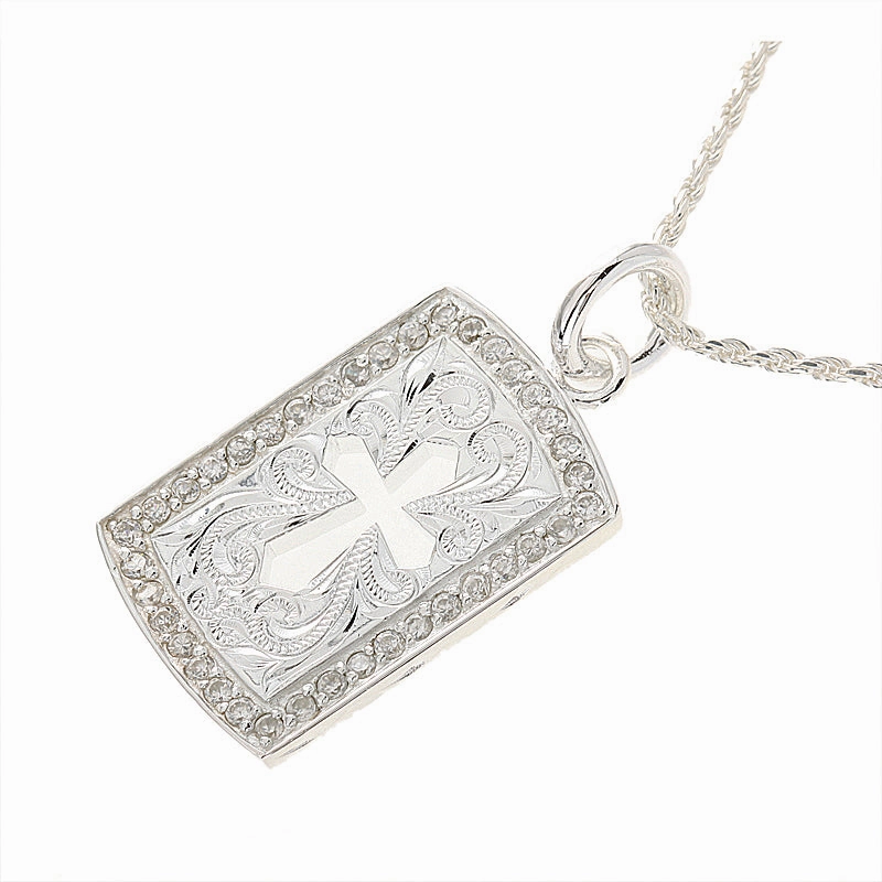 Sterling Silver Hawaiian Scroll Outline of Cross with CZ Plate Pendant (Chain Sold Separately)