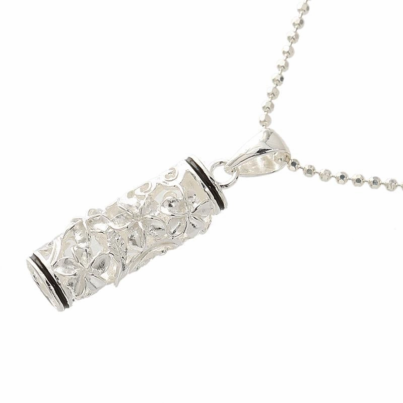 Sterling Silver Hawaiian Scroll Plumeria Black Border Tube Pendant (Chain Sold Separately)