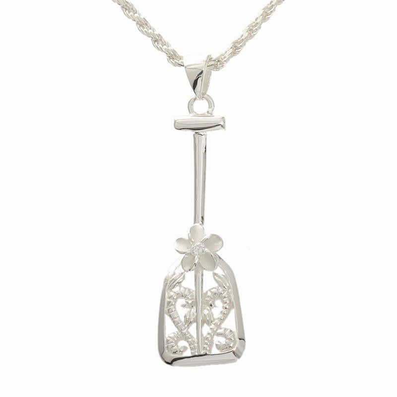 Sterling Silver Hawaiian Scroll Plumeria with CZ Paddle Pendant (Chain Sold Separately)
