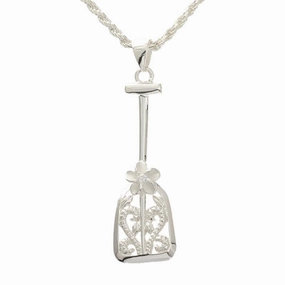 Sterling Silver Hawaiian Scroll Plumeria with CZ Paddle Pendant (Chain Sold Separately)