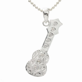 Sterling Silver Hawaiian Scroll Ukulele with CZ Pendant (Chain Sold Separately)