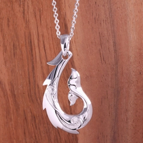 Sterling Silver Hawaiian Scroll Whale Tail Fish Hook Pendant (Chain Sold Separately)