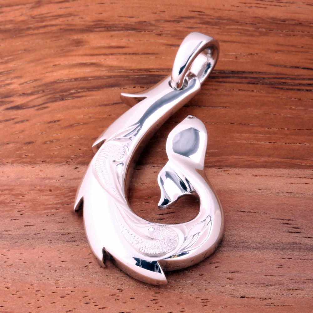 Sterling Silver Hawaiian Scroll Whale Tail Fish Hook Pendant (Chain Sold Separately)