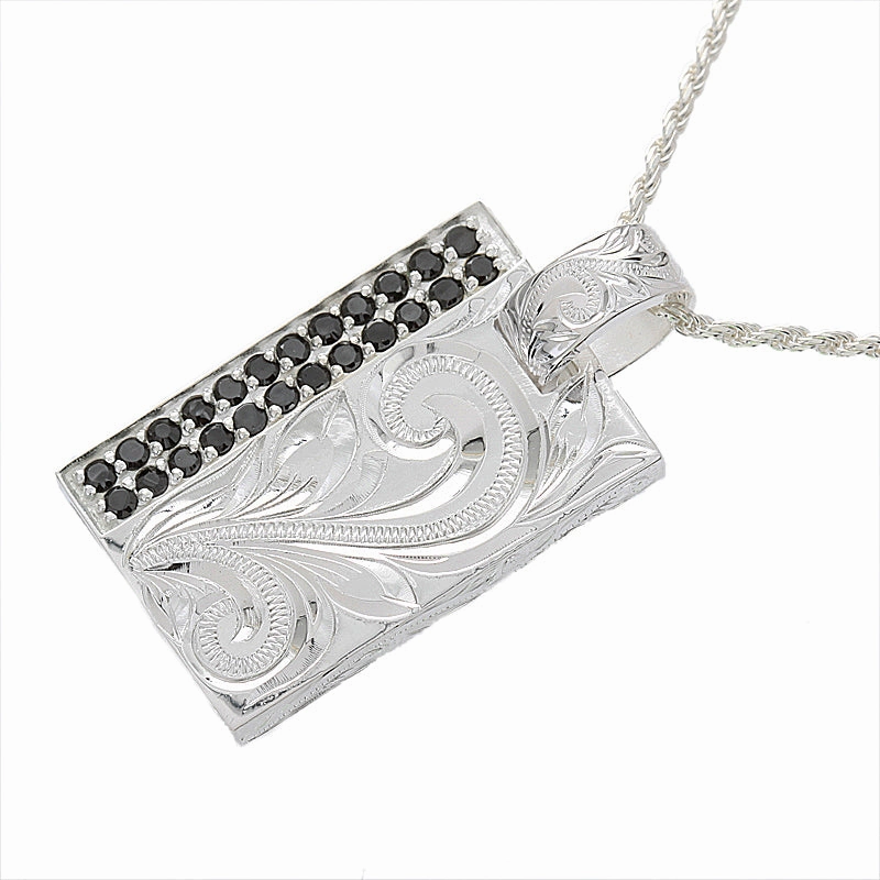 Sterling Silver Hawaiian Scroll with Black CZ Plate Pendant (Chain Sold Separately)