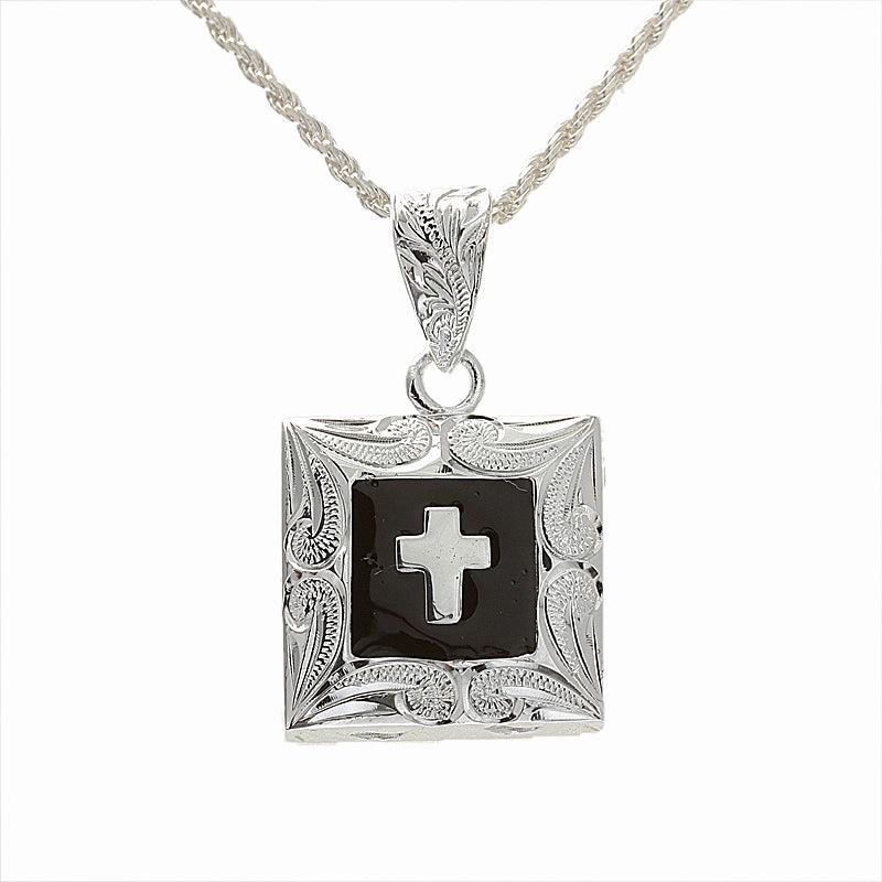 Sterling Silver Hawaiian Scroll with Black Enamel Cross Pendant (Chain Sold Separately)