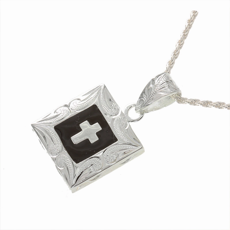 Sterling Silver Hawaiian Scroll with Black Enamel Cross Pendant (Chain Sold Separately)