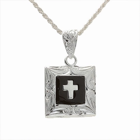 Sterling Silver Hawaiian Scroll with Black Enamel Cross Pendant (Chain Sold Separately)