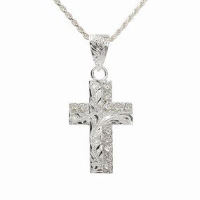 Sterling Silver Hawaiian Scroll with CZ Cross Pendant (Chain Sold Separately)