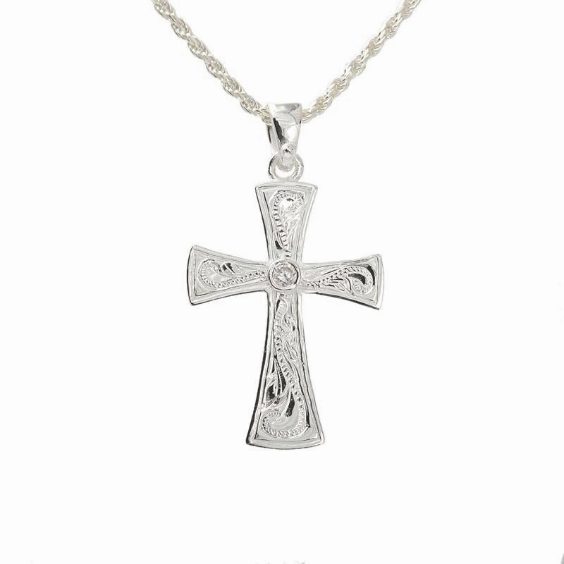 Sterling Silver Hawaiian Scroll with CZ Cross Pendant (Chain Sold Separately)