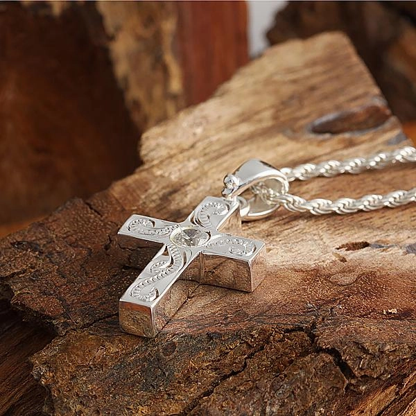 Sterling Silver Hawaiian Scroll with CZ Cross Pendant (Chain Sold Separately)