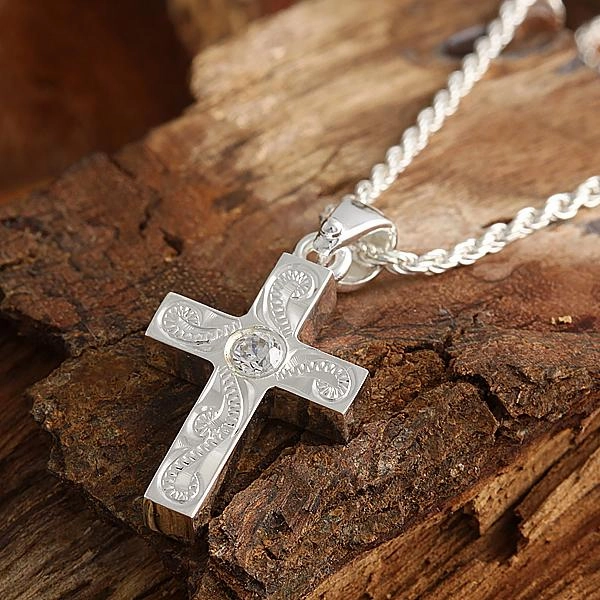 Sterling Silver Hawaiian Scroll with CZ Cross Pendant (Chain Sold Separately)