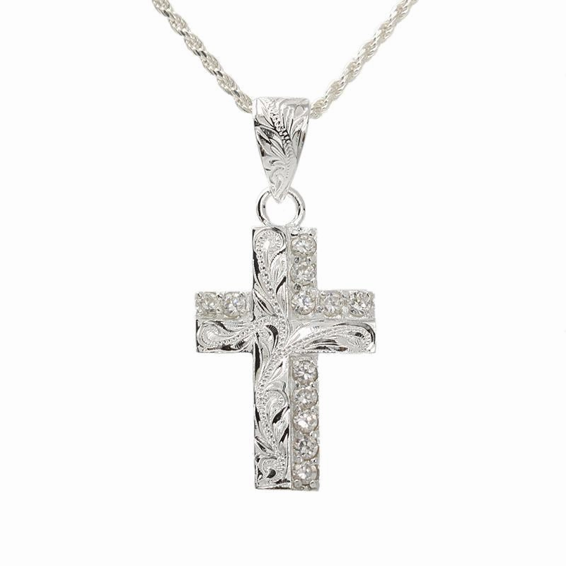 Sterling Silver Hawaiian Scroll with CZ Cross Pendant (Chain Sold Separately)