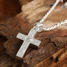 Sterling Silver Hawaiian Scroll with CZ Cross Pendant (Chain Sold Separately)