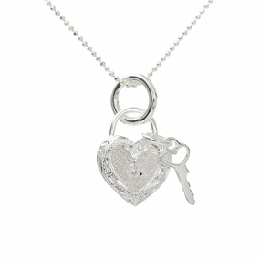 Sterling Silver Hawaiian Scroll with CZ Heart and Key Pendant (Chain Sold Separately)