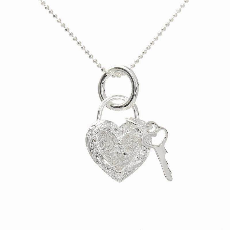 Sterling Silver Hawaiian Scroll with CZ Heart and Key Pendant (Chain Sold Separately)