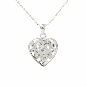 Sterling Silver Hawaiian Scroll with CZ See Through Heart Pendant (Chain Sold Separately)