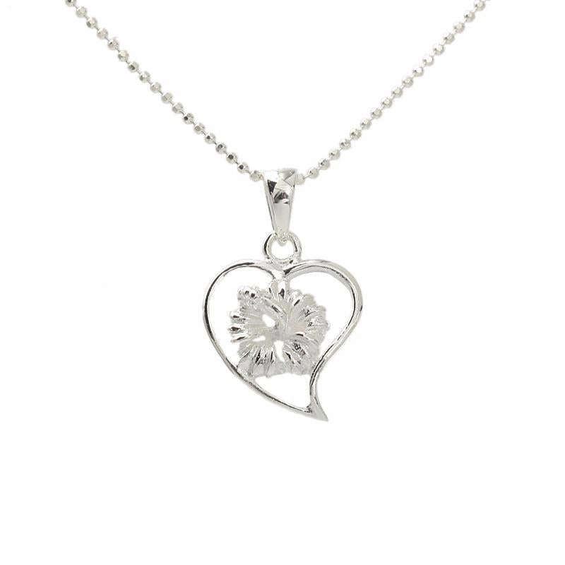 Sterling Silver Hibiscus in Heart High Polish Finish Pendant (Chain Sold Separately)