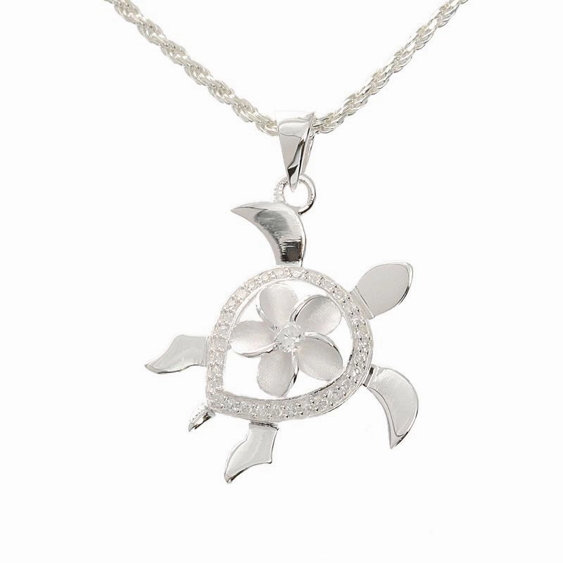 Sterling Silver Honu (Hawaiian Turtle) and Plumeria with CZ Pendant (Chain Sold Separately)