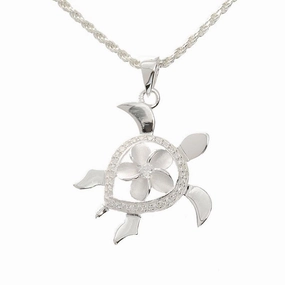 Sterling Silver Honu (Hawaiian Turtle) and Plumeria with CZ Pendant (Chain Sold Separately)