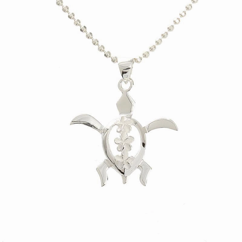 Sterling Silver Honu (Hawaiian Turtle) with 3 Plumeria Pendant (Chain Sold Separately)