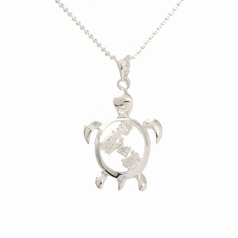 Sterling Silver Honu (Hawaiian Turtle) with 4 CZ Pendant (Chain Sold Separately)