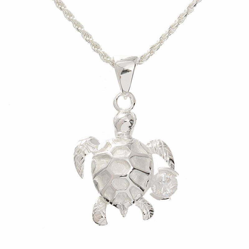 Sterling Silver Honu (Hawaiian Turtle) with CZ Pendant (Chain Sold Separately)