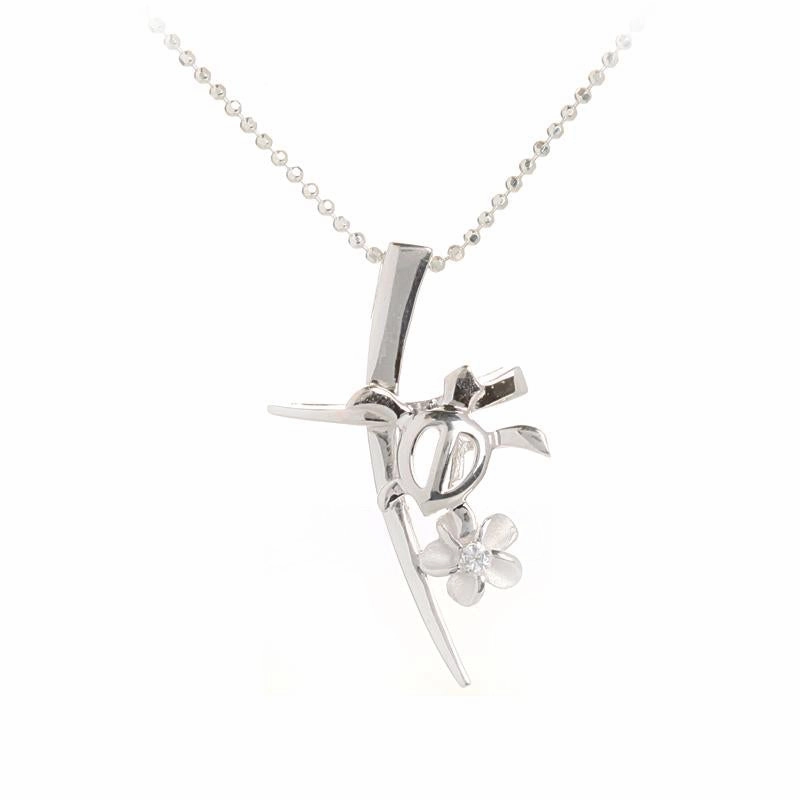 Sterling Silver Honu (Turtle) and 6mm Plumeria with CZ Cross Pendant (Chain Sold Separately)